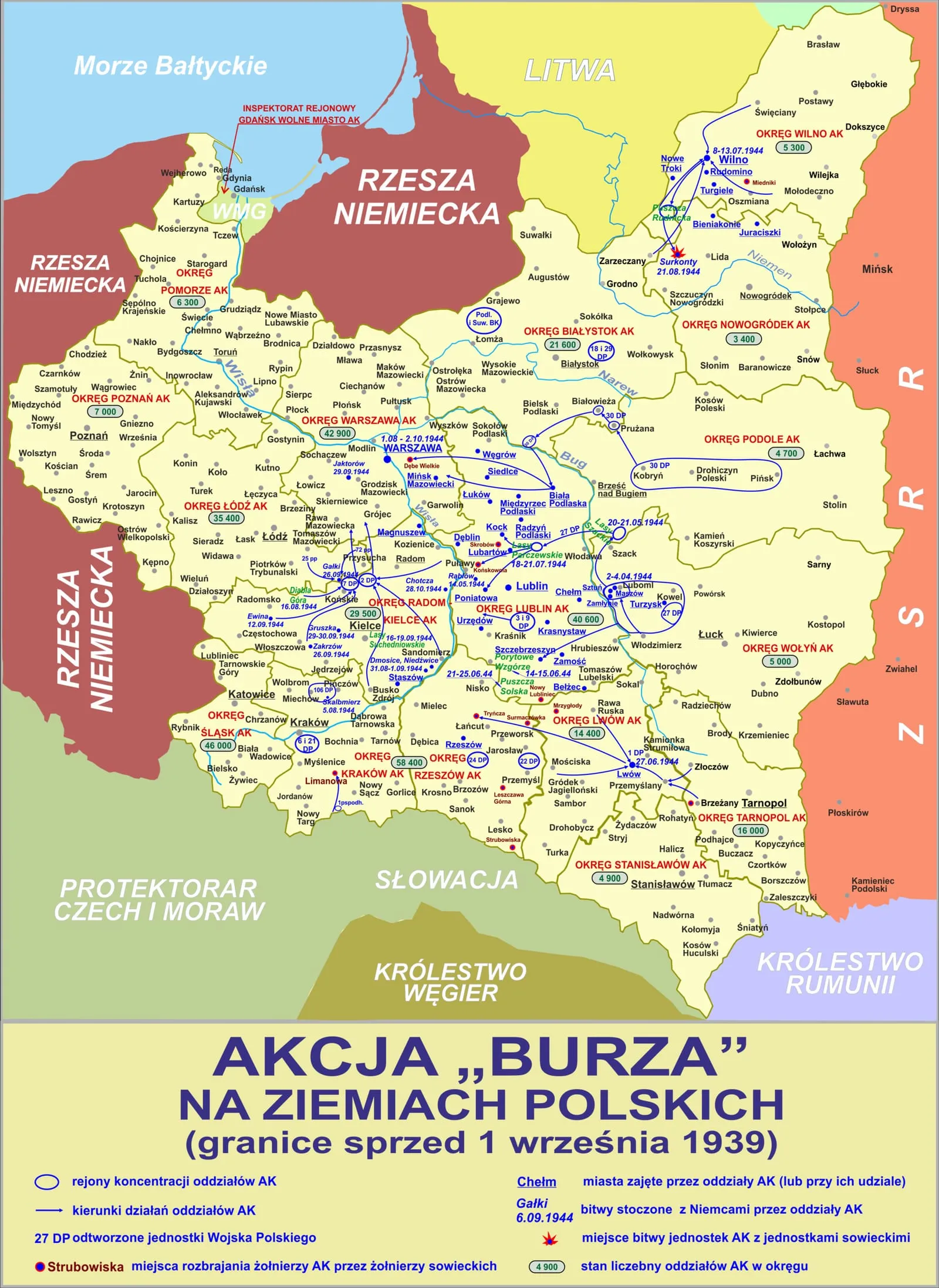 Map of the areas of Home Army fighting during Operation Tempest in 1944.