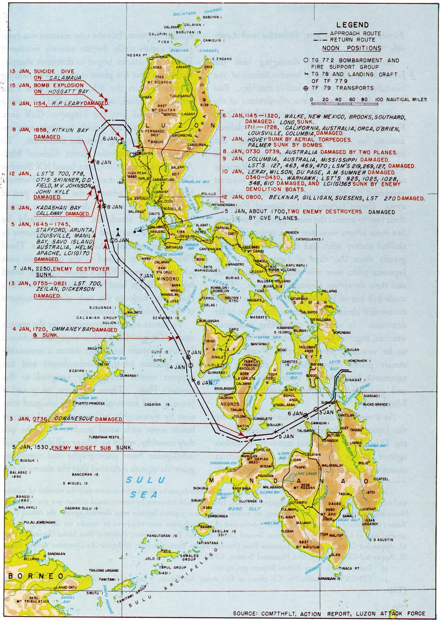 Map of the route of the American Luzon Attack Force to Lingayen Gulf, where the invasion began on 9 January 1945.