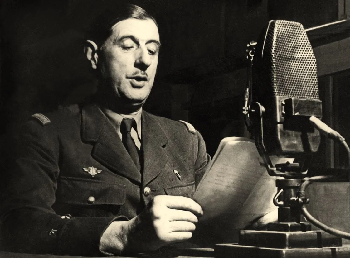 General Charles de Gaulle at a BBC microphone in London, 1941.