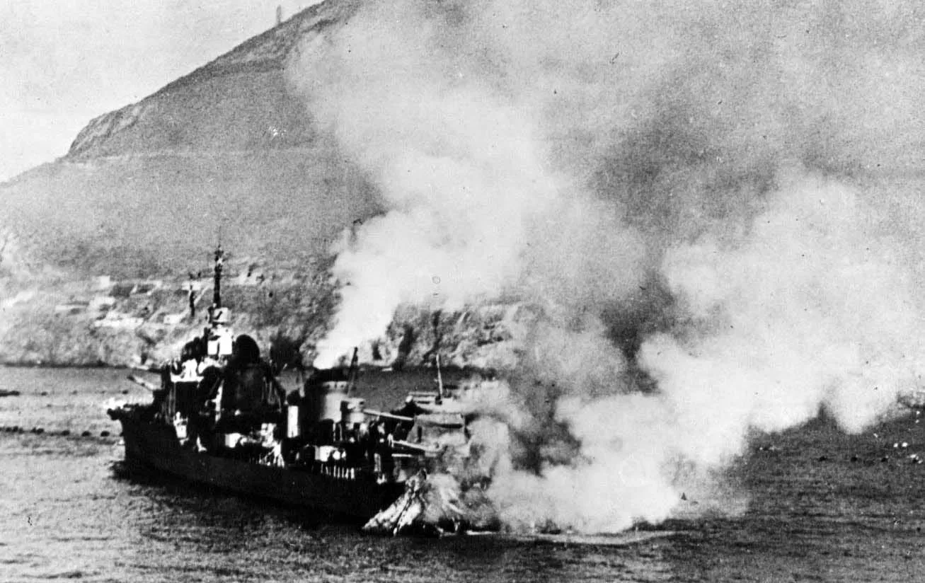 The French destroyer leader Mogador burning after shellfire at Mers-el-Kébir, 3 July 1940.