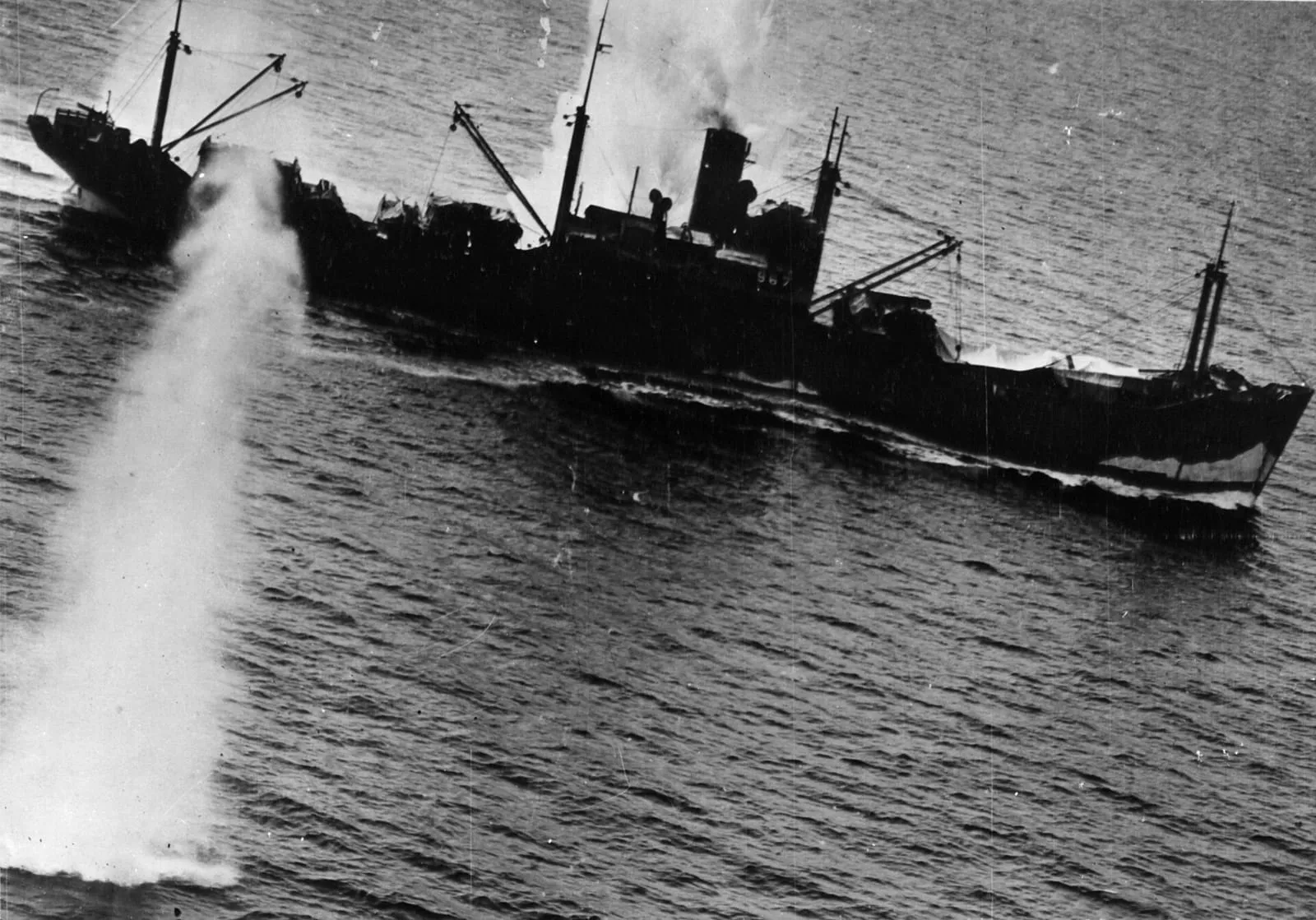 U.S. Fifth Air Force bombs bracket the Japanese transport Taimei Maru, 4 March 1943.