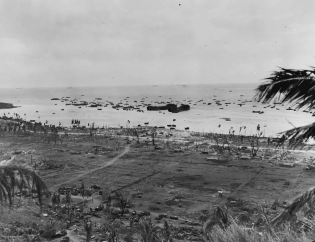 The northern beaches near Asan Point on 21 July 1944, with two LSTs unloading.