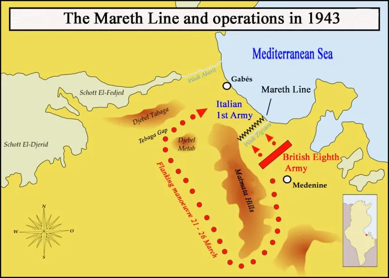 Map of the Mareth Line and the British attacks on it in March 1943.