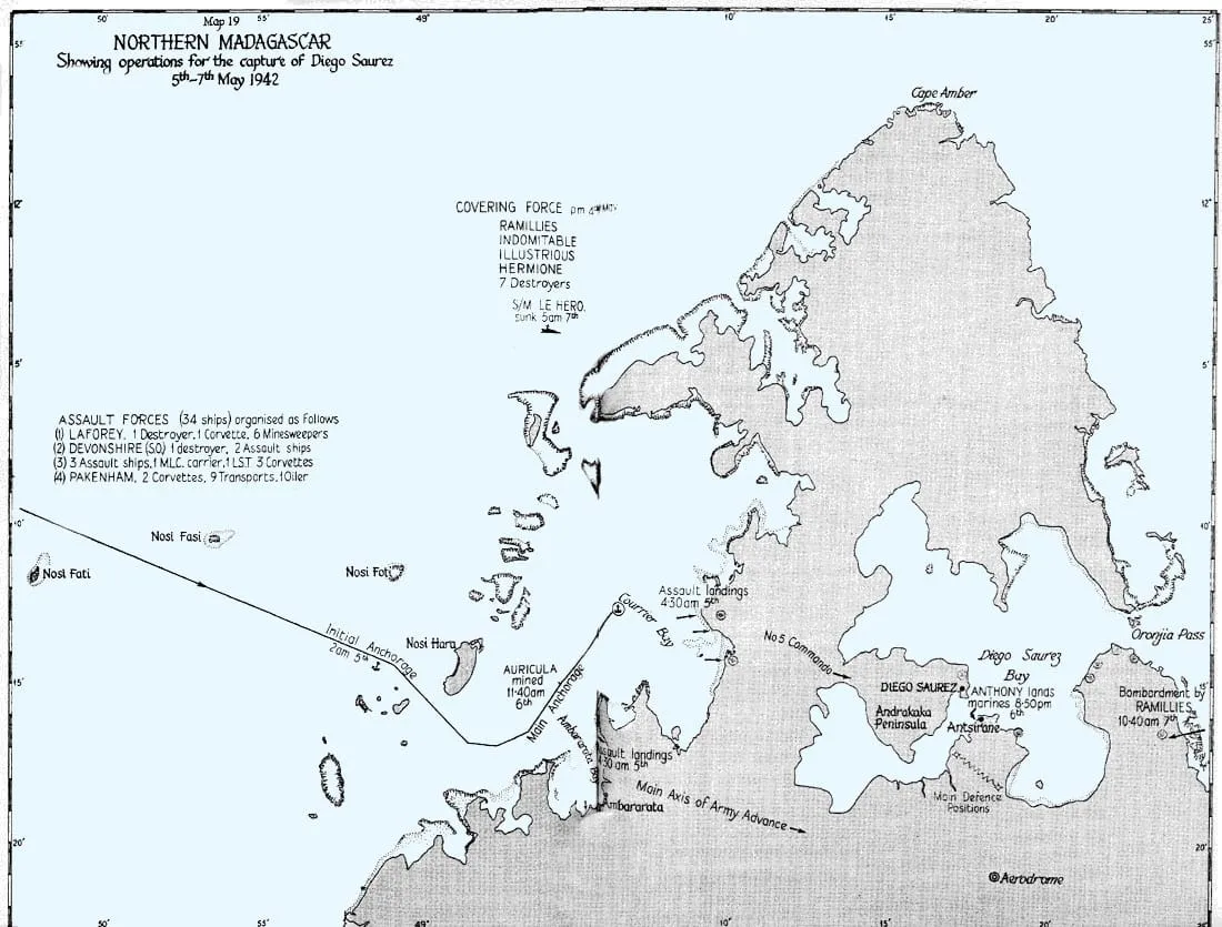 Map of northern Madagascar showing the operations to capture Diego Suarez, 5–7 May 1942.