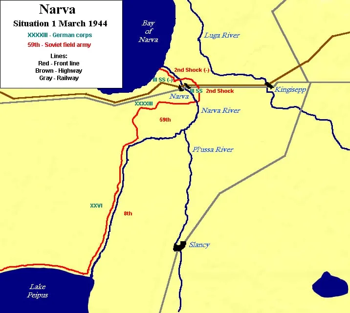 The Narva area of Estonia in 1944, showing selected towns and swamps.