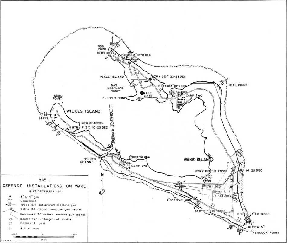 Map of Wake Island and its defences in December 1941.
