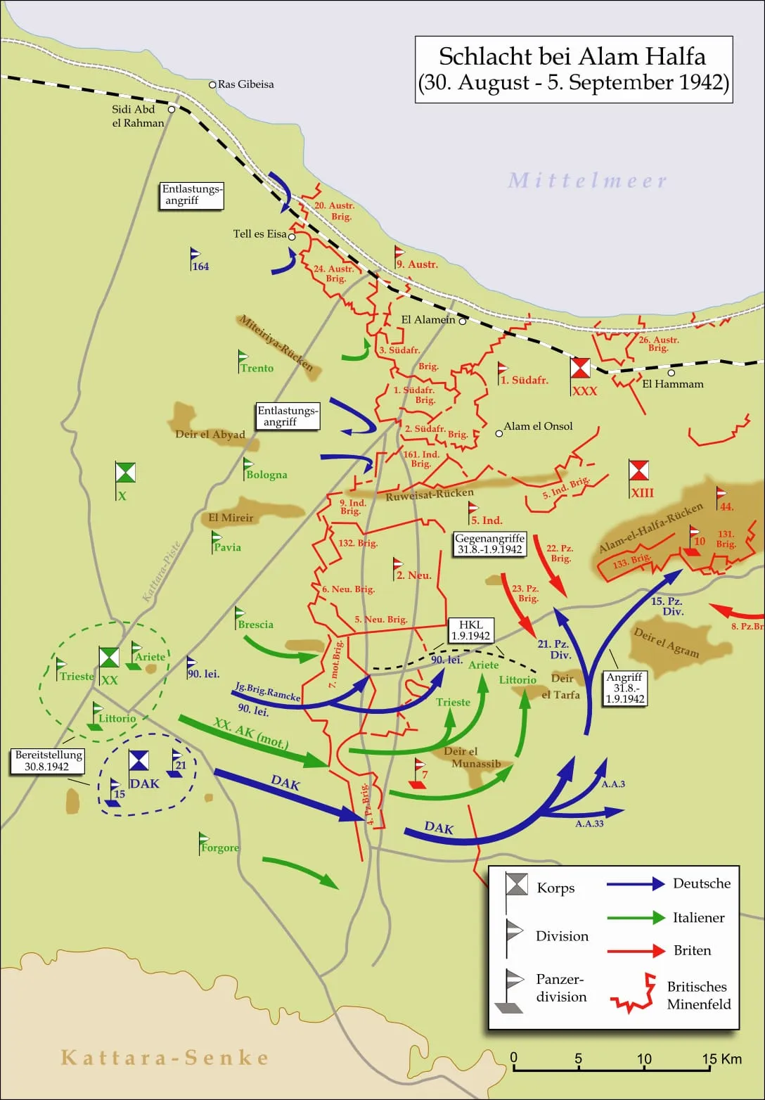 German-language map of the operations in the Battle of Alam el Halfa, 1942.