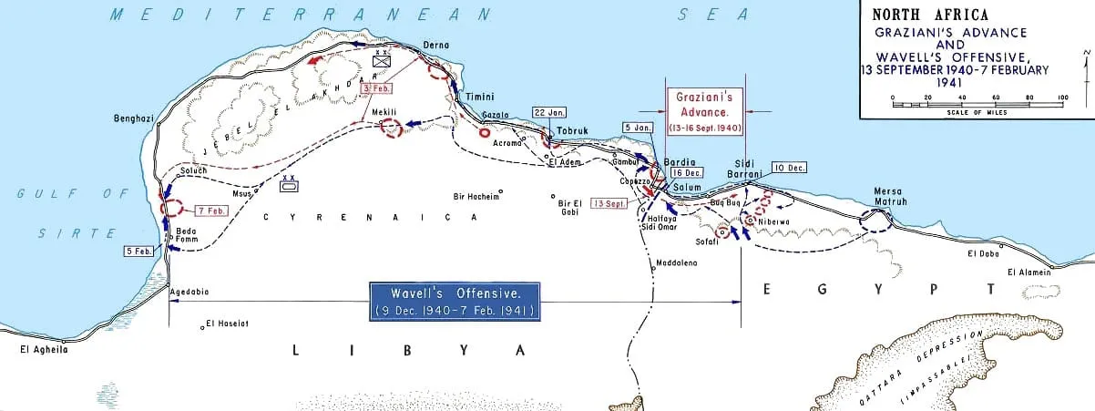 Map of Graziani’s advance and Wavell’s offensive in Libya, 13 September 1940 to 7 February 1941.