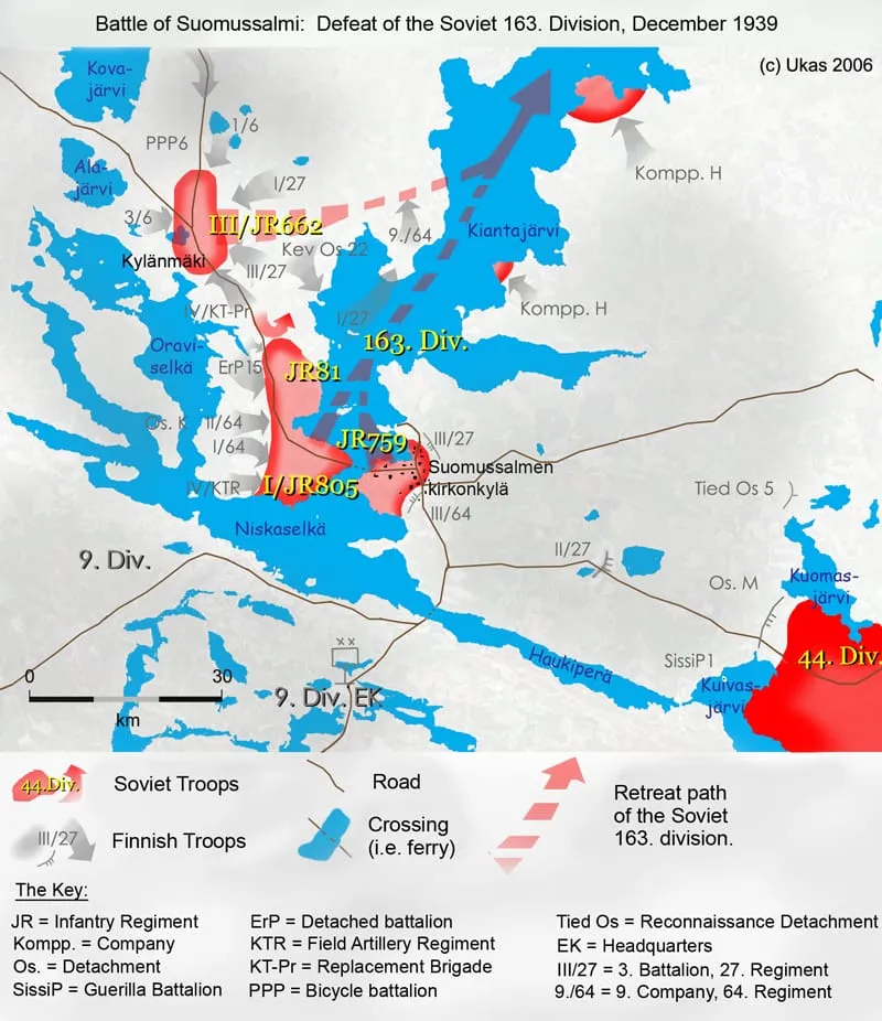 Map of the destruction of the Soviet 163rd Division in the Battle of Suomussalmi during the Winter War.