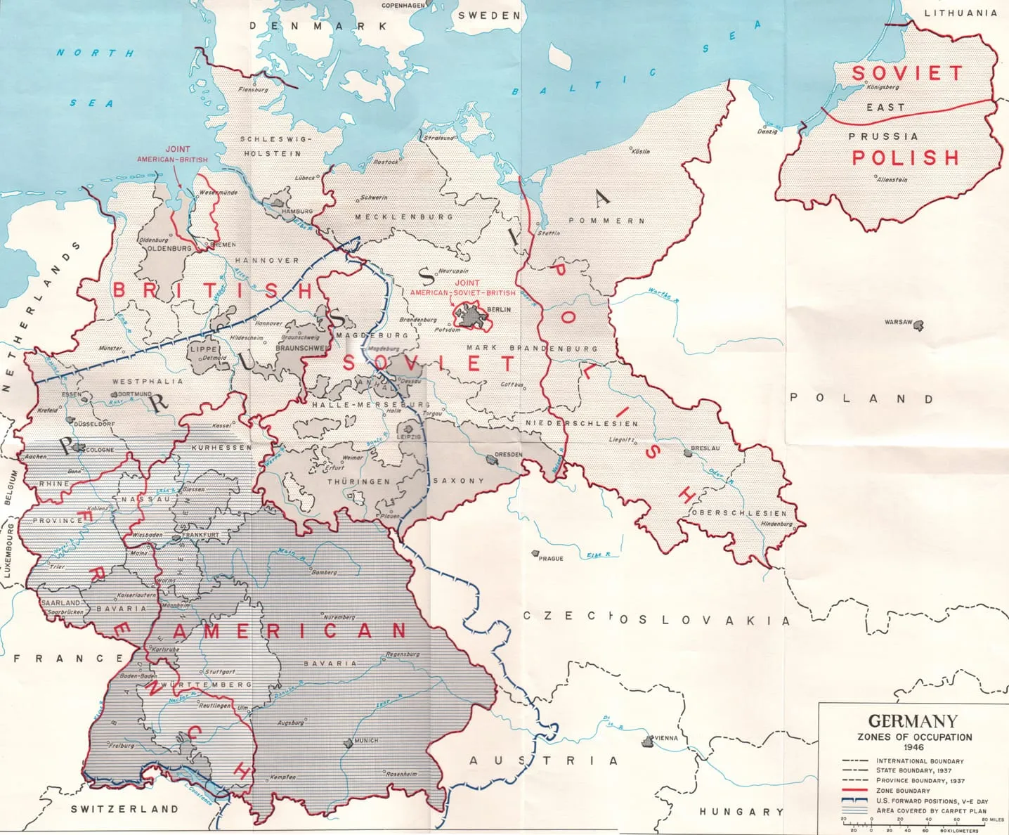 Map of the occupation zones of Germany in 1945.