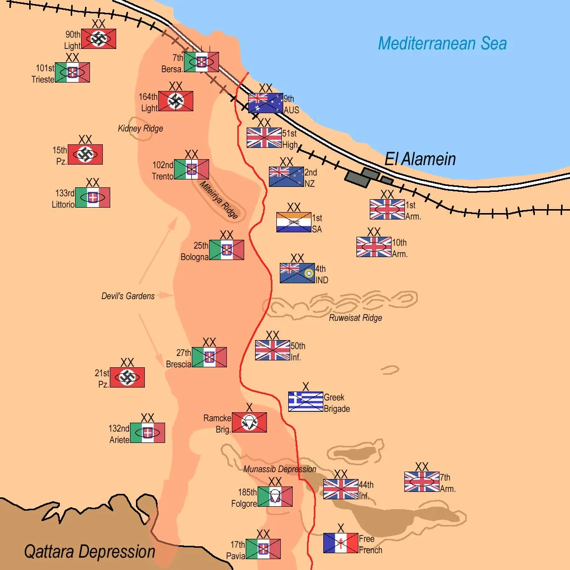 Map of the deployment of forces in the Second Battle of El Alamein, 23 October 1942.