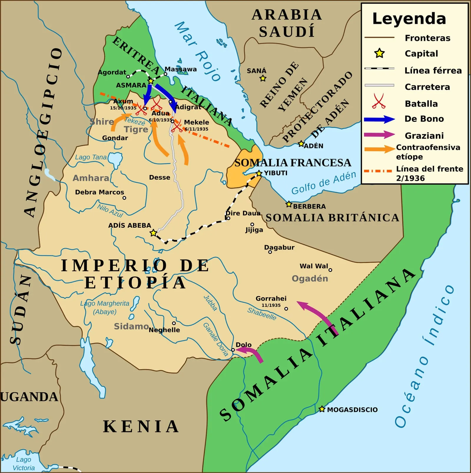 Map of the operations of the war in Ethiopia, 1934 to February 1936.