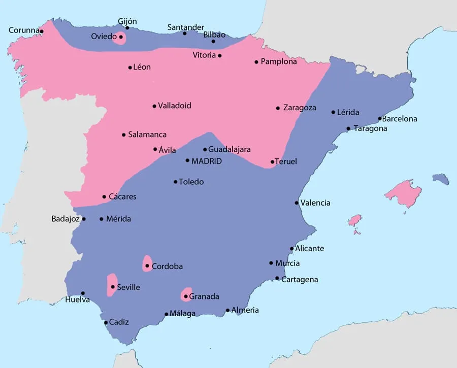 Map of Spain in July 1936 showing the areas held by the Nationalists and the Republicans.