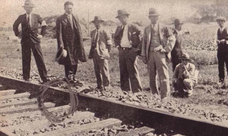 Japanese experts inspect the scene of the alleged sabotage of the South Manchurian Railway that led to the Mukden incident.