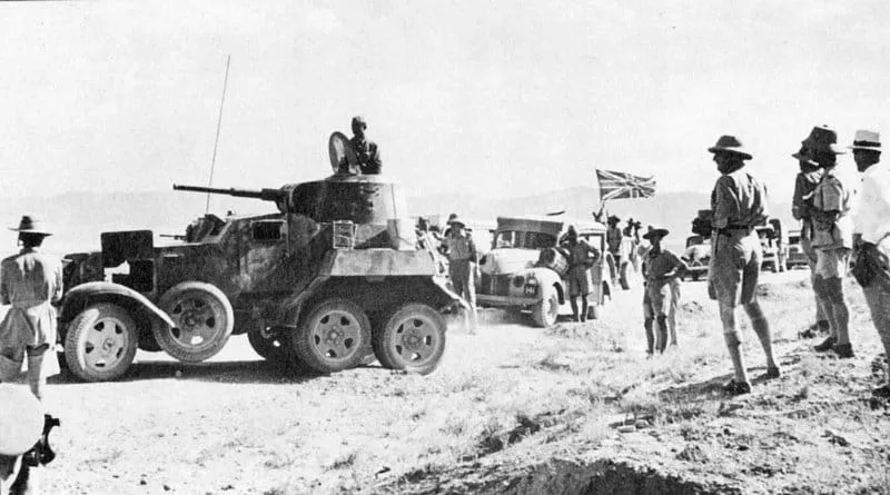 A British supply convoy in Iran, led by a Soviet BA-10 armoured car.