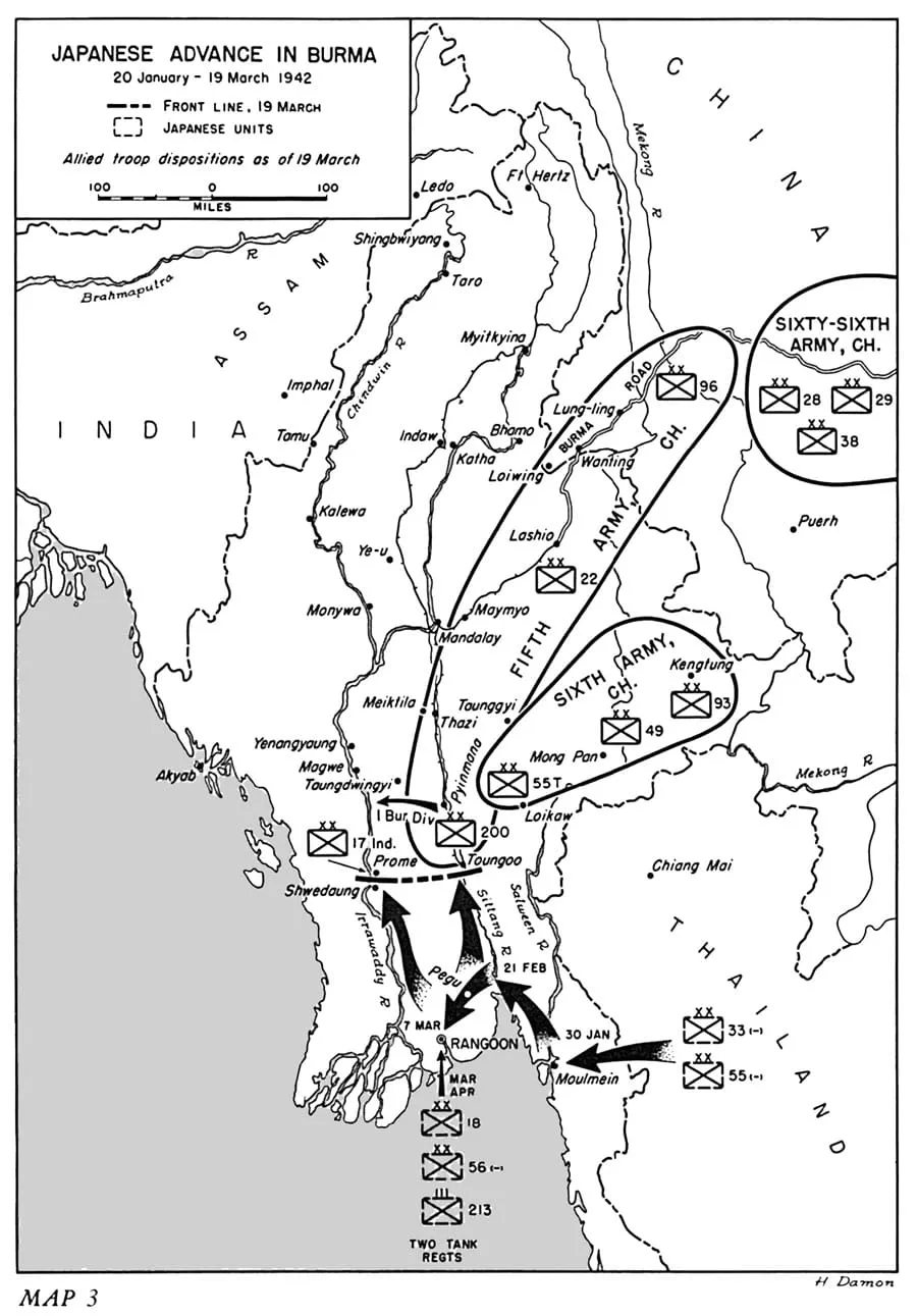 Map of the Japanese advance in Burma, 20 January–19 March 1942.