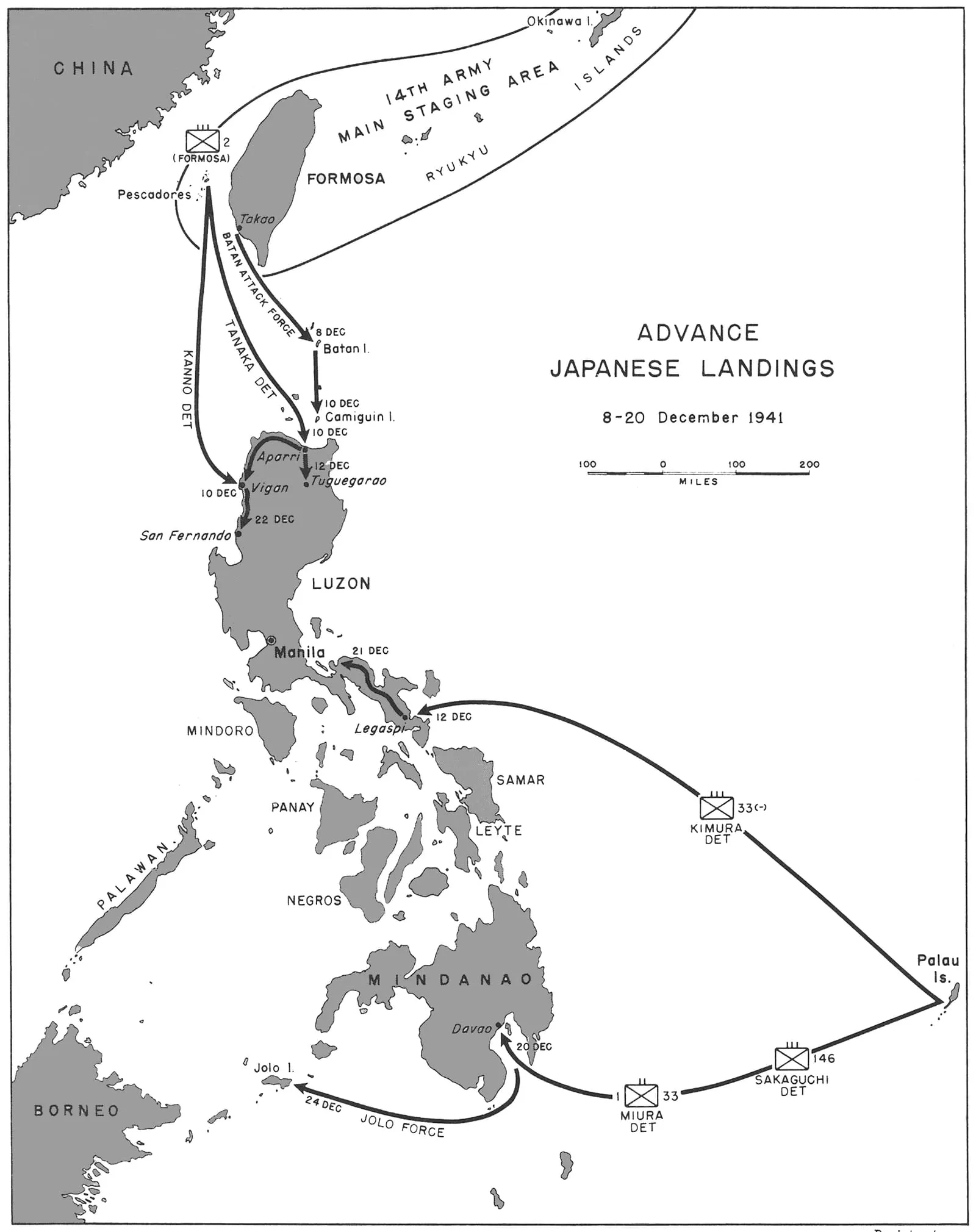 Map of the Japanese landings in the Philippines, 8–20 December 1941.