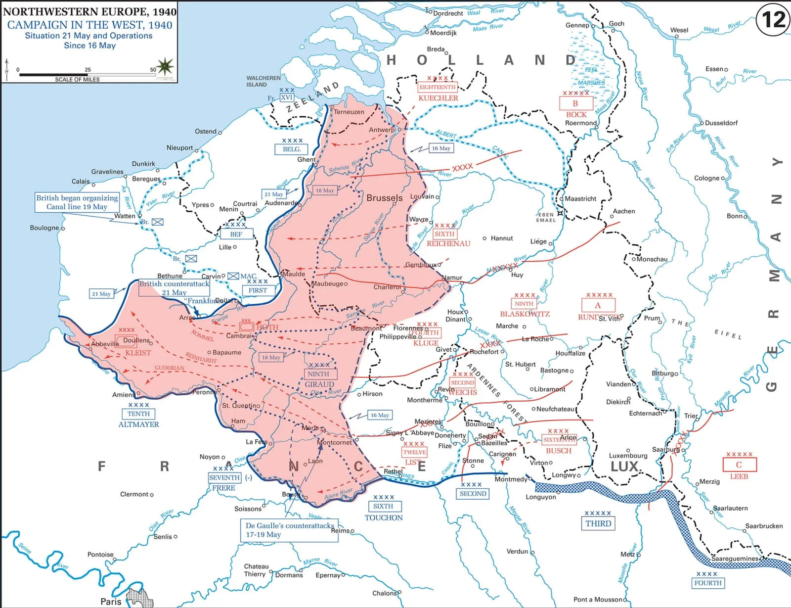 Map of the German advance to the English Channel, 16–21 May 1940.