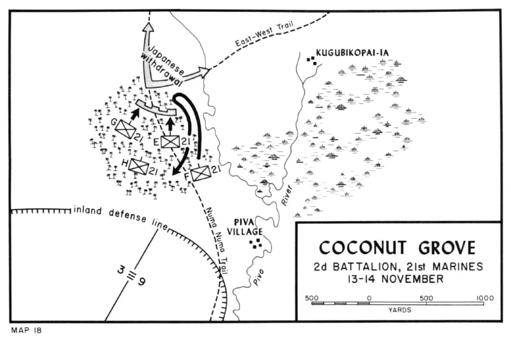 Map of the fighting around Coconut Grove, Bougainville, 13–14 November 1943.