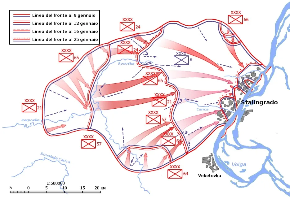 Map of Operation Ring, the final Soviet operation against the encircled 6th Army at Stalingrad.