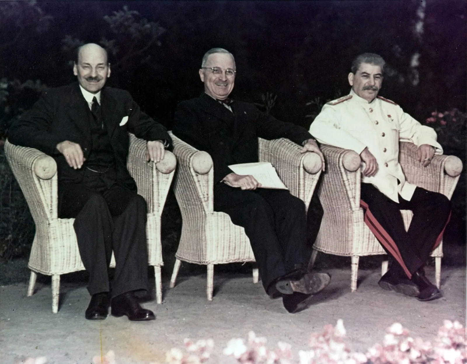 Clement Attlee, Harry S. Truman and Joseph Stalin at the Potsdam Conference, July–August 1945.