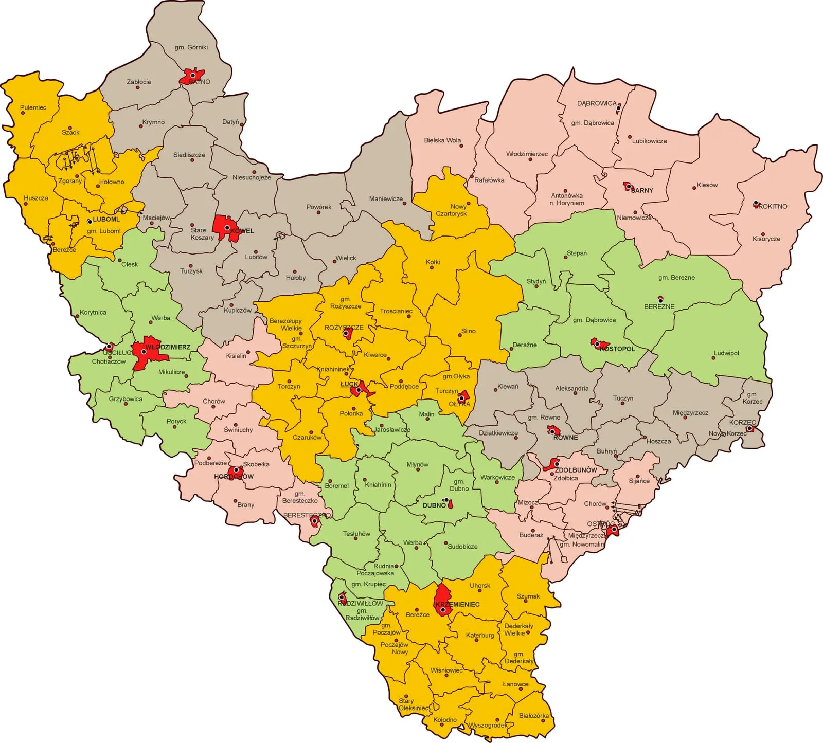 The administrative division of the Volhynian Voivodeship in 1938.