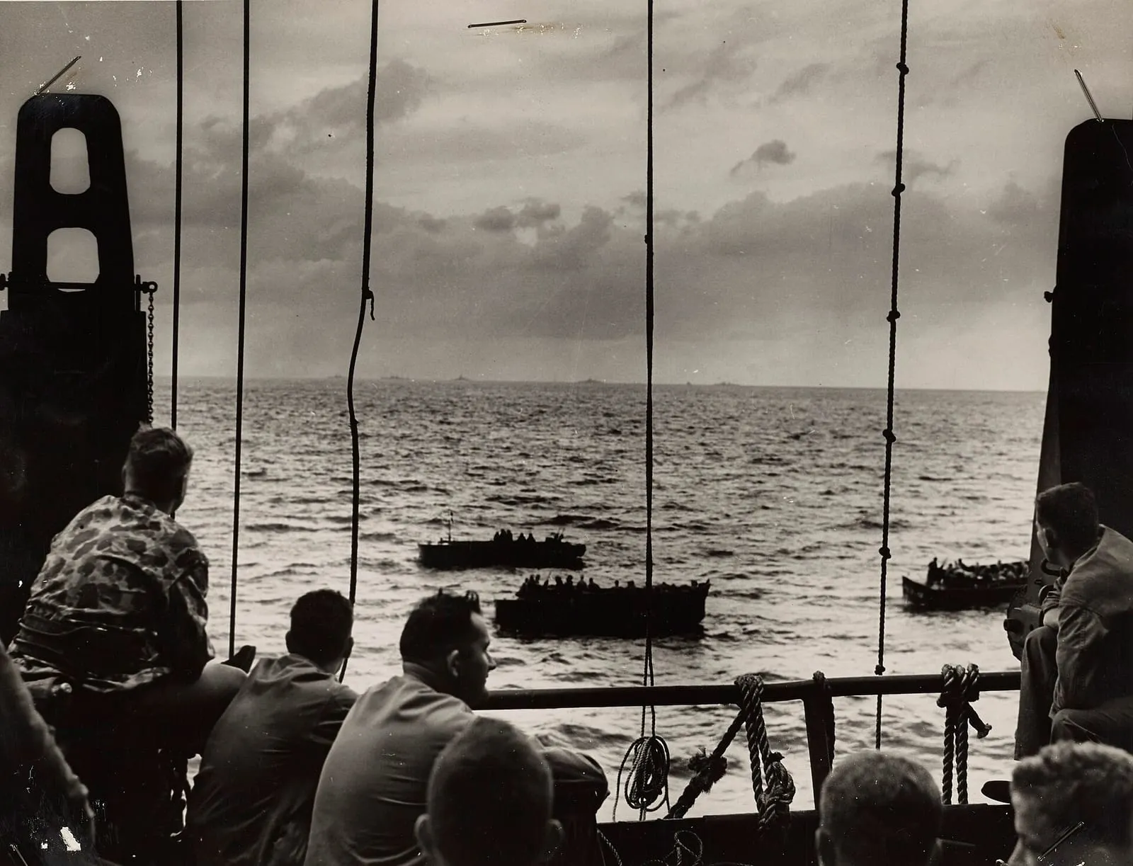 Landing craft off Tarawa, seen from a transport manned by the U.S. Coast Guard.