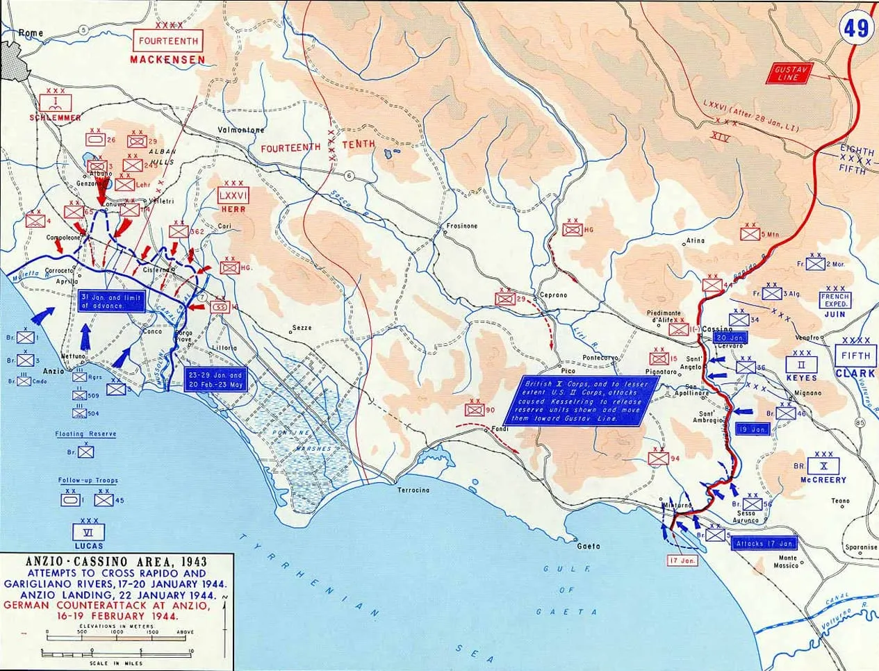 Map of Allied and German force dispositions at Anzio and Cassino in January and February 1944.