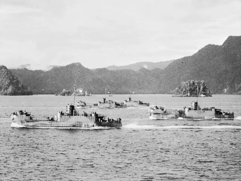 American landing craft crossing Humboldt Bay during the assault on Hollandia in April 1944.