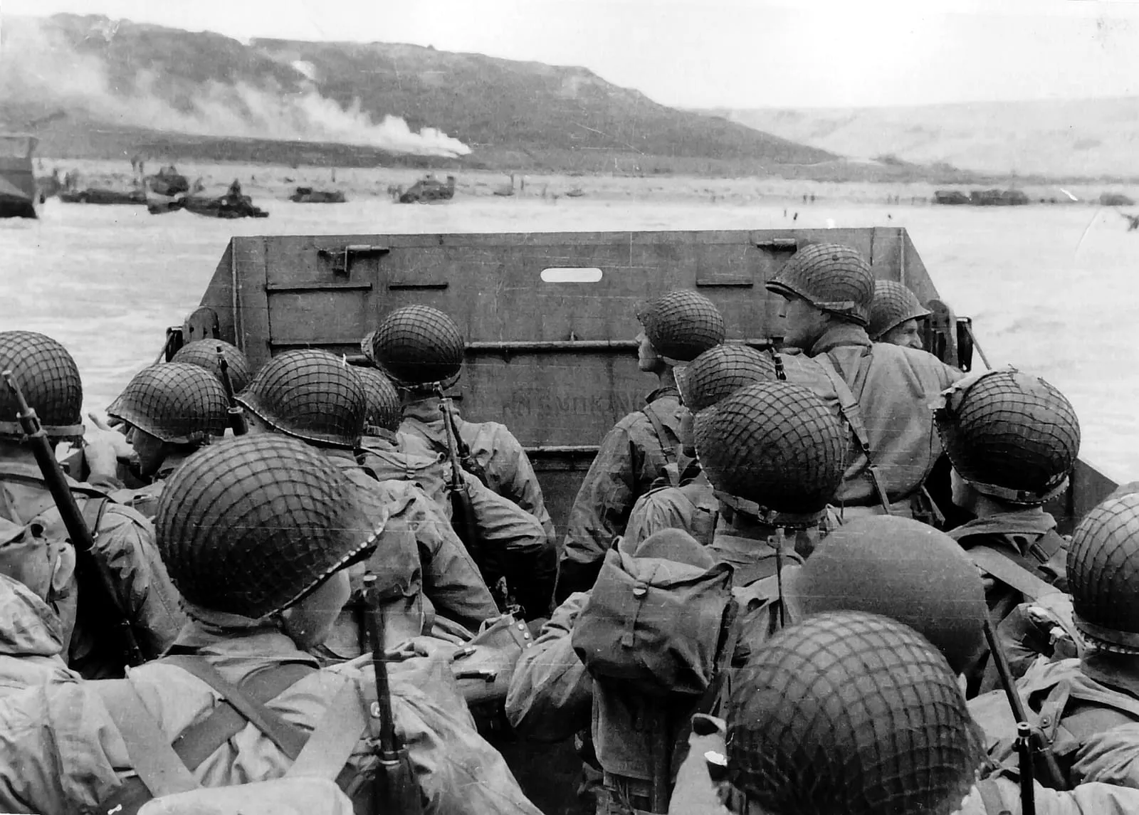 Troops in an LCVP landing craft approaching Omaha Beach on D-Day, 6 June 1944.