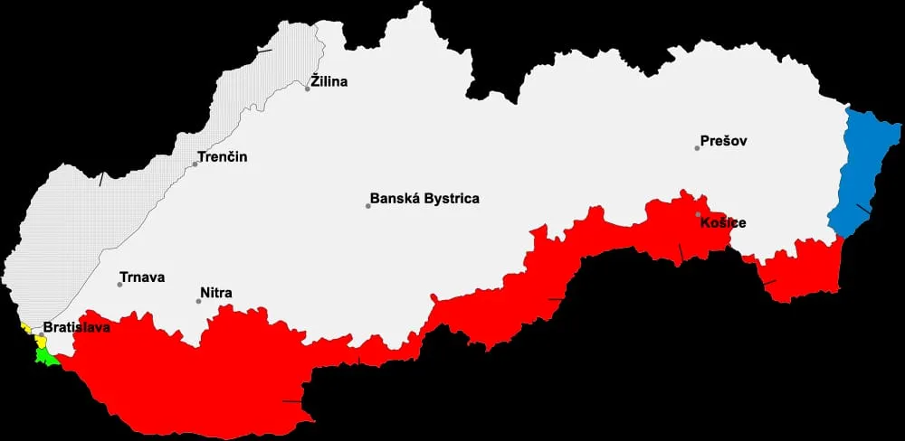Map of Slovakia showing border changes against Hungary, including the strip of land in the east of the country.