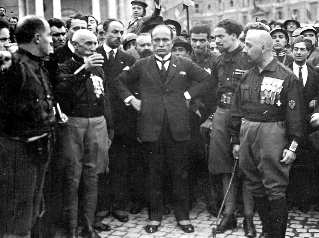 Mussolini with Italo Balbo and Cesare Maria De Vecchi at the Fascist congress in Naples, 24 October 1922, days before the March on Rome.