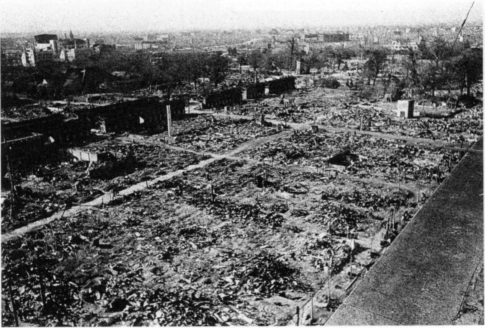 The destroyed Nakamise-dōri in Asakusa, Tokyo, seen from the top of the Matsuya department store, 19 March 1945.