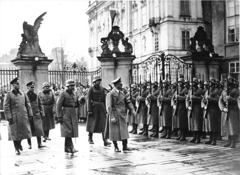 Hitler inspecting an honour guard at Prague Castle, 15 March 1939.