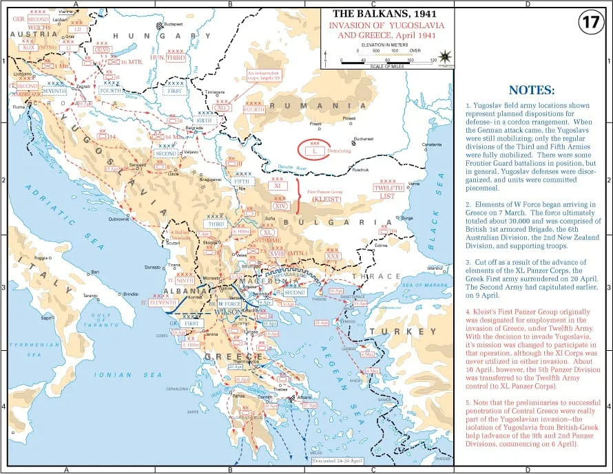 Map of the invasion of Yugoslavia and Greece, April 1941.