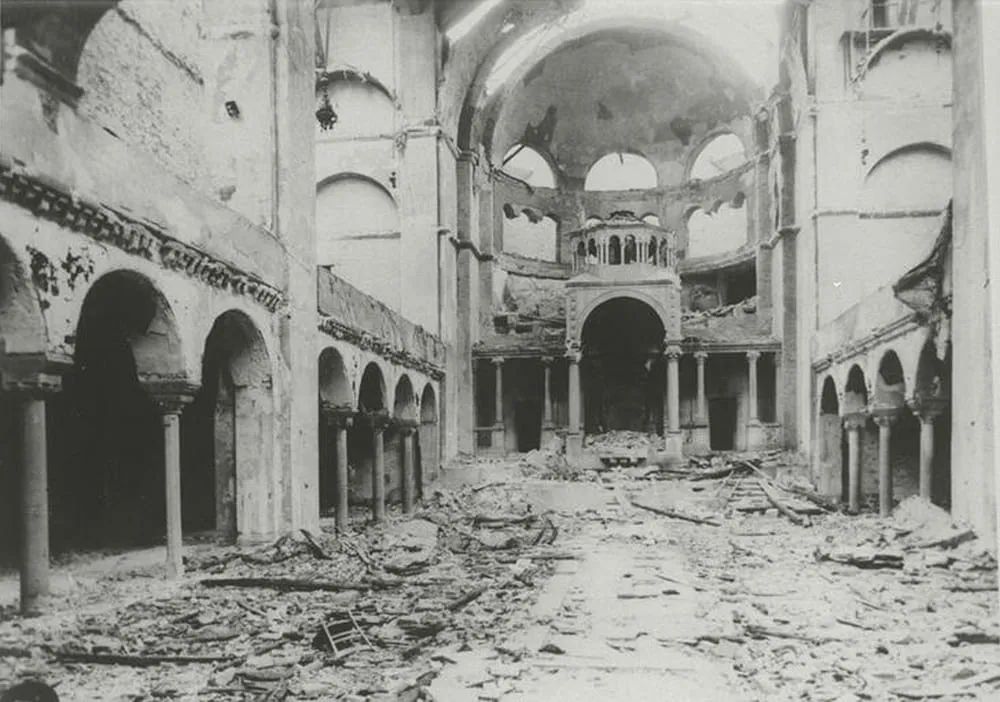 The interior of the Fasanenstrasse Synagogue in Berlin, burned during Kristallnacht.