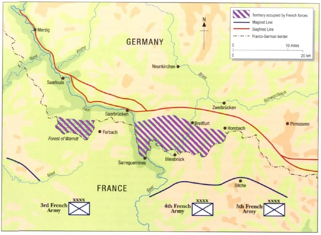 Map showing the German territory held by French troops during the Saar Offensive.