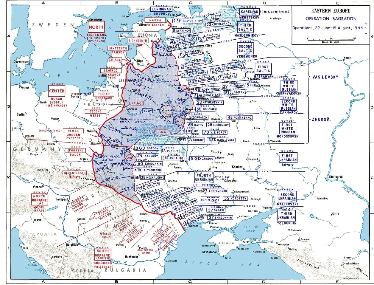 Map of deployments during Operation Bagration, June–August 1944.