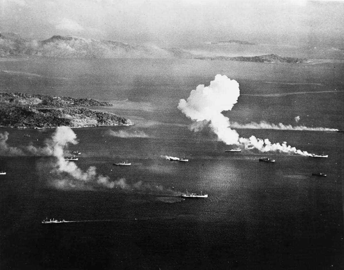 Japanese shipping under air attack in Truk Lagoon, seen from a USS Intrepid aircraft on 17 February 1944.