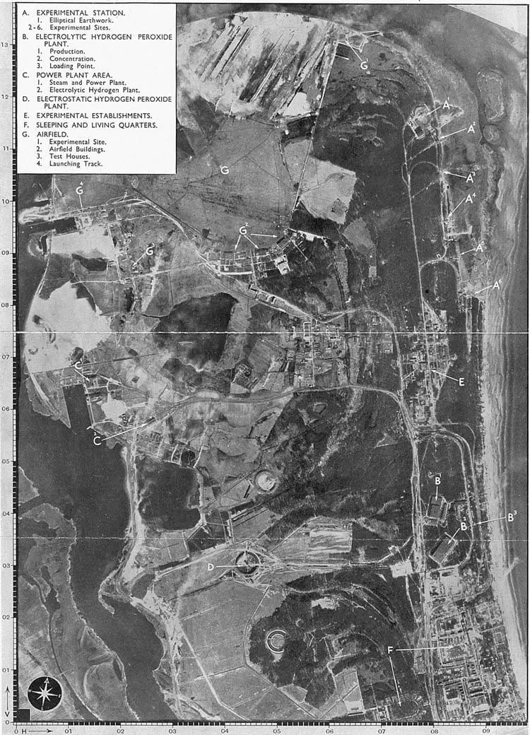 Aerial photograph of Peenemünde with the raid’s targets marked, April 1943.
