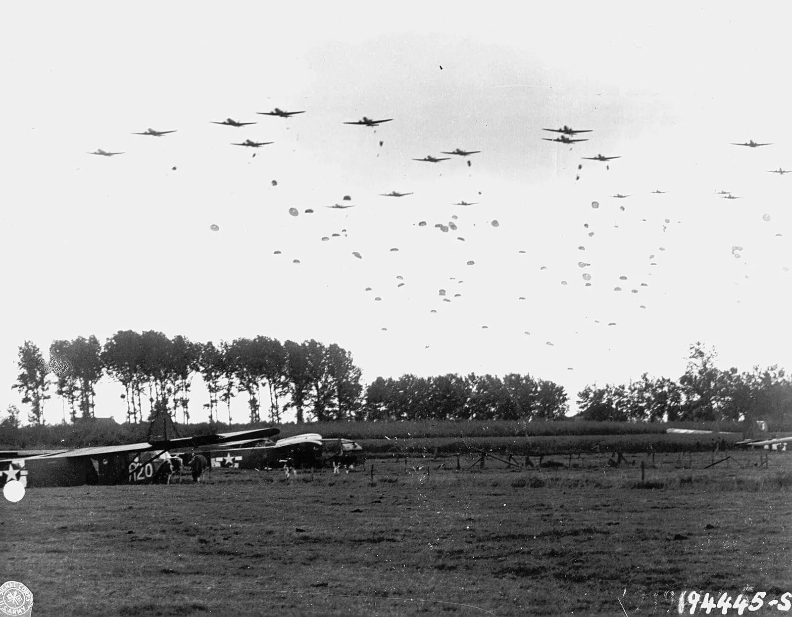 US paratroopers are dropped near Grave, Netherlands, on 17 September 1944, at the start of Operation Market Garden.