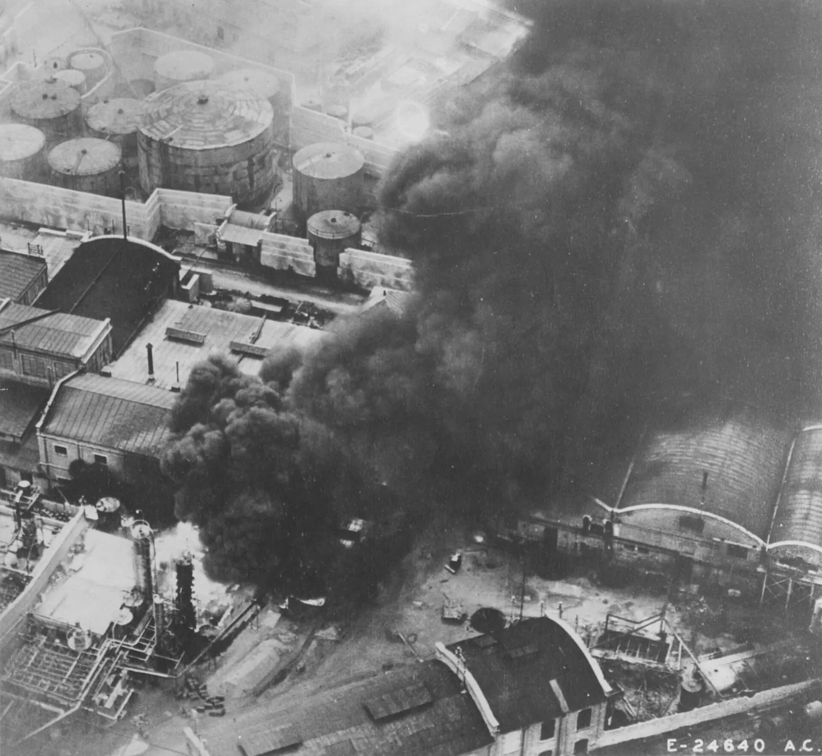Flames at the Steaua Romana refinery near Ploiești during the raid of 1 August 1943.