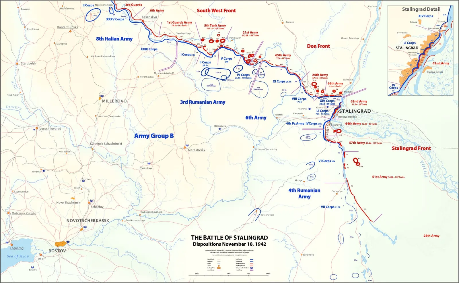 Map of the positions and relative strengths of the Axis and Soviet armies on 18 November 1942, the day before the offensive.