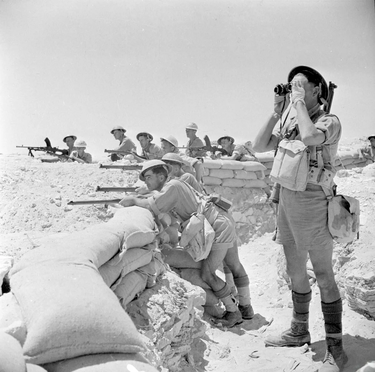 British infantry manning a sandbagged defensive position near El Alamein, July 1942.