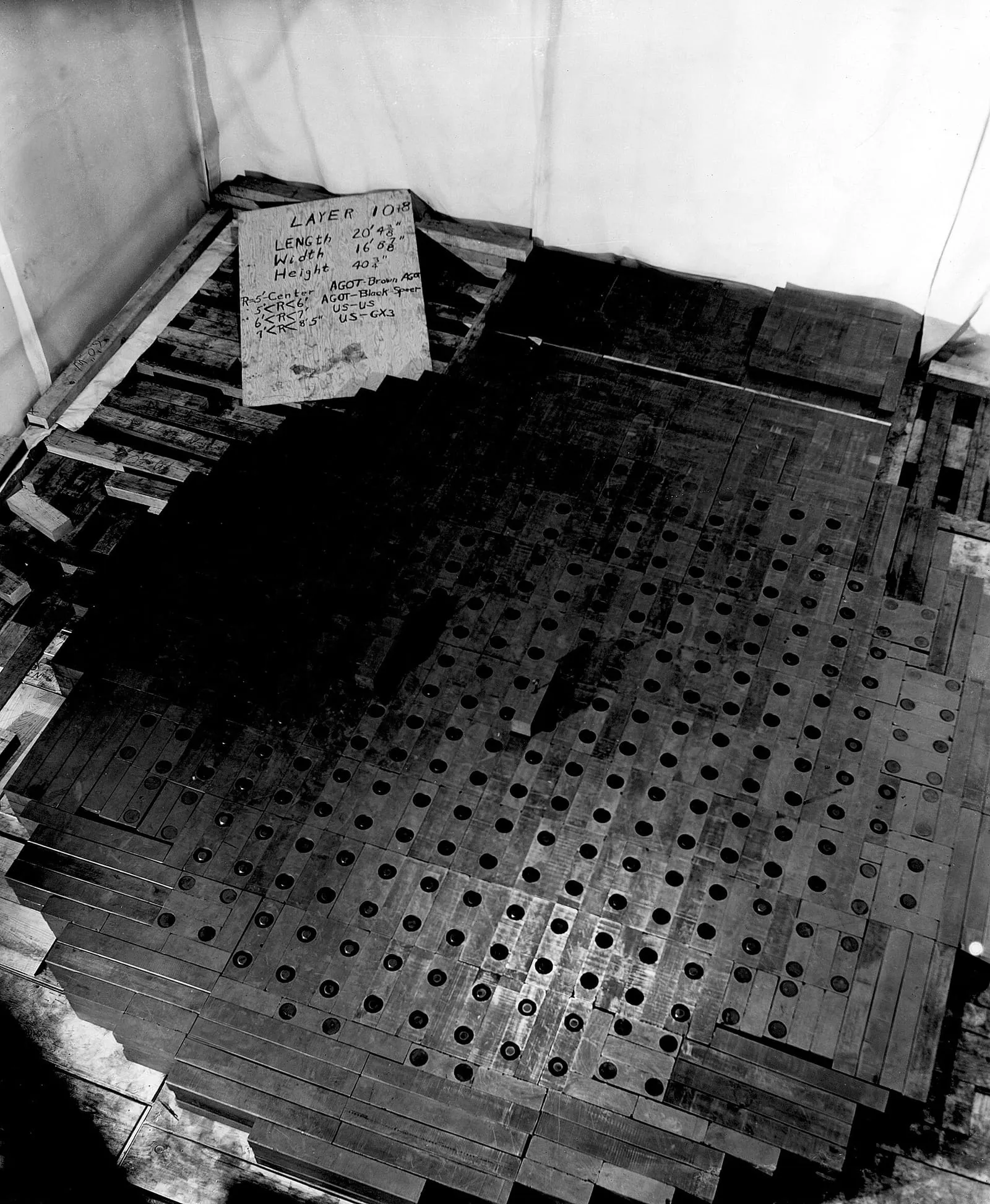 The world’s first nuclear reactor during assembly in the squash court under the West Stands of Stagg Field, 1942.