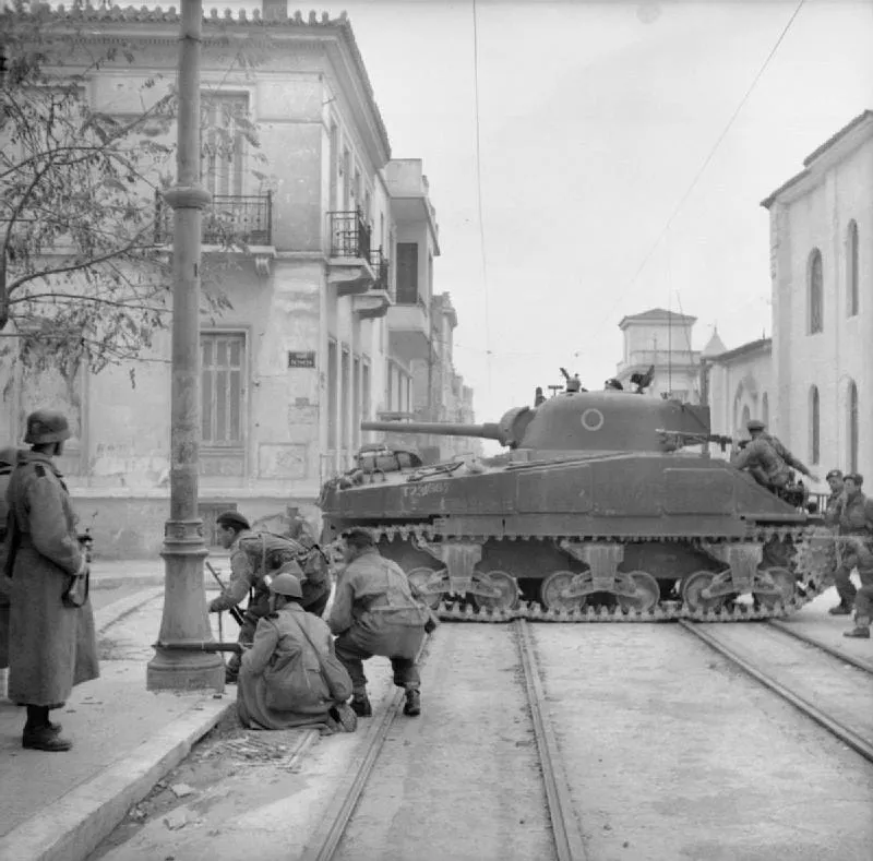 Sherman tanks and troops of the 5th (Scots) Parachute Battalion during operations against ELAS in Athens, 18 December 1944.