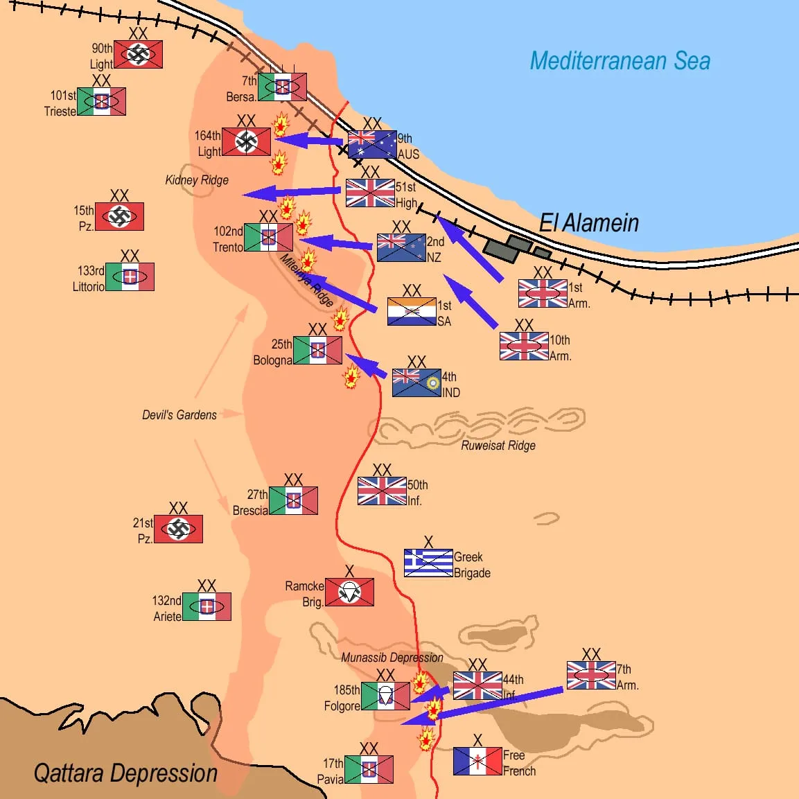 Map of the Allied attack at 10 p.m. on 23 October 1942 in the Second Battle of El Alamein.