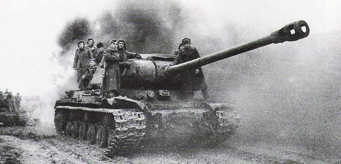 A Soviet JS-2 tank in action during the battle of Budapest.