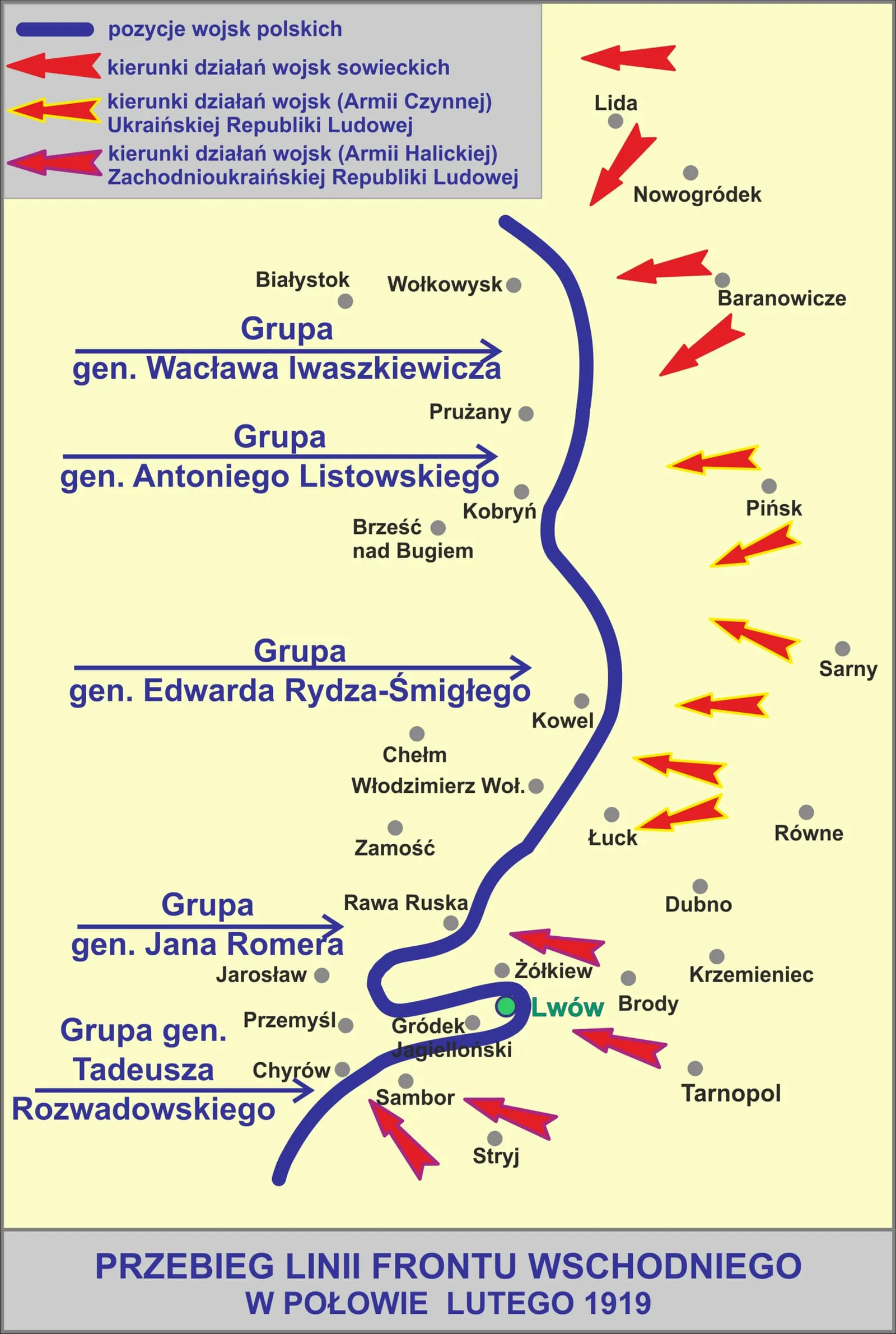 The course of the eastern front line in mid-February 1919.