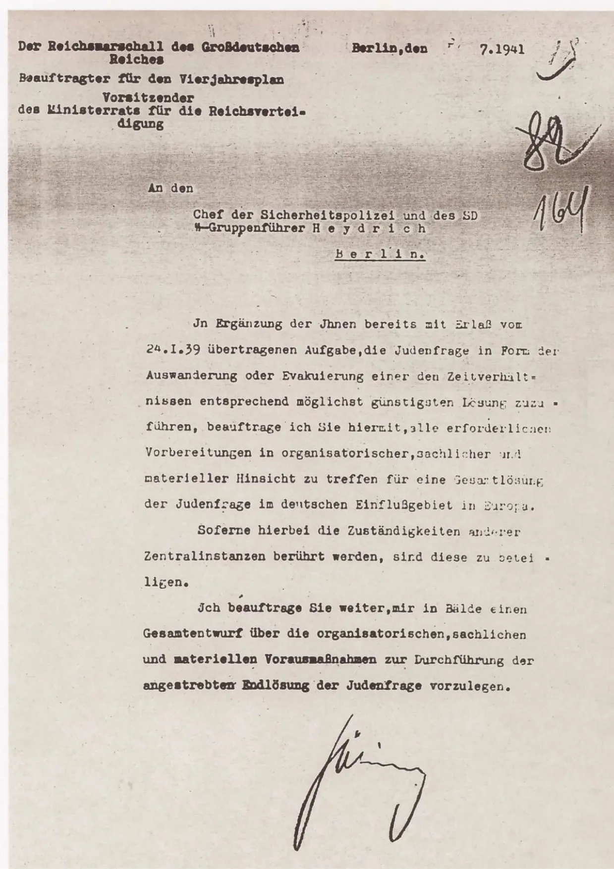 Göring’s letter to Heydrich of 31 July 1941 concerning the “final solution” of the Jewish question.